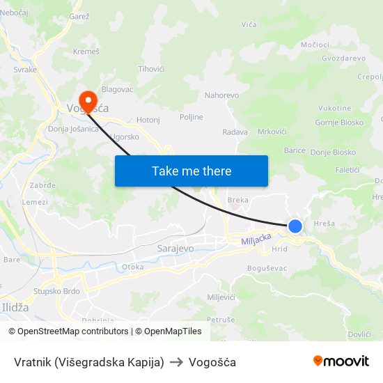 Vratnik (Višegradska Kapija) to Vogošća map