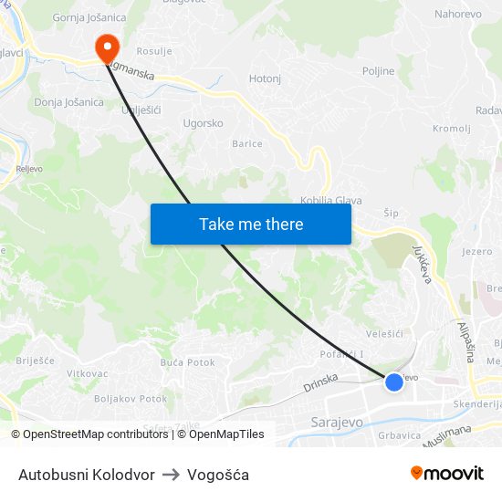 Autobusni Kolodvor to Vogošća map
