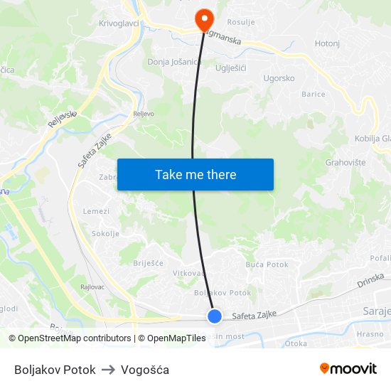 Boljakov Potok to Vogošća map