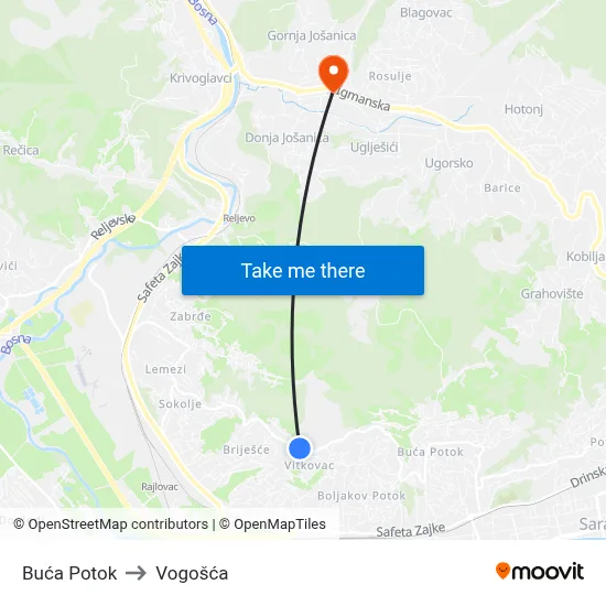 Buća Potok to Vogošća map
