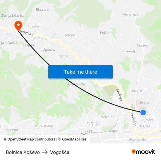 Bolnica Koševo to Vogošća map