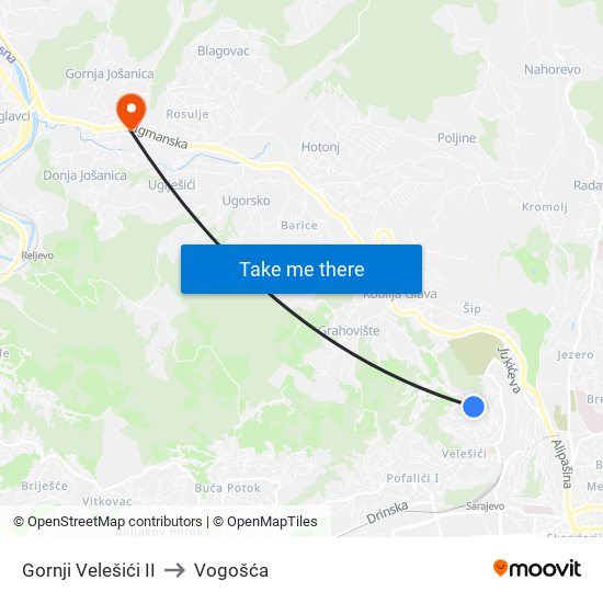 Gornji Velešići II to Vogošća map