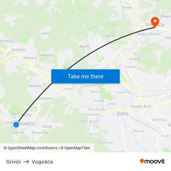 Grivići to Vogošća map