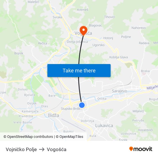 Vojničko Polje to Vogošća map