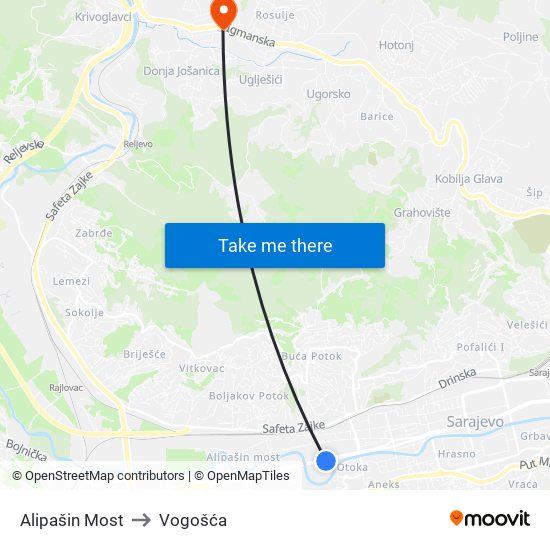 Alipašin Most to Vogošća map