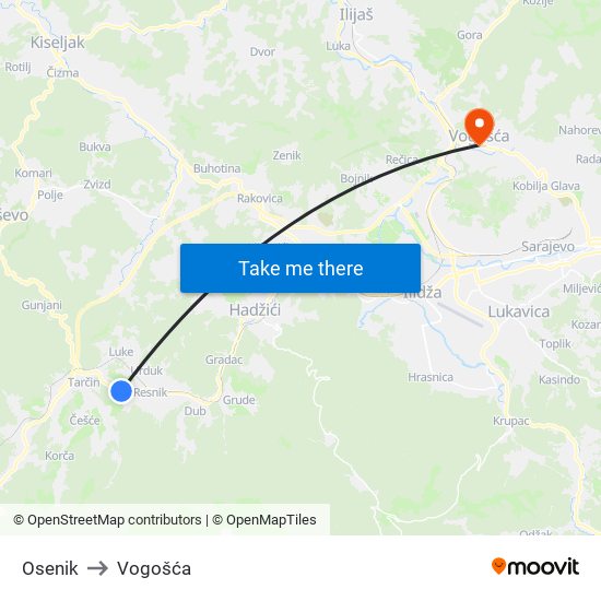 Osenik to Vogošća map