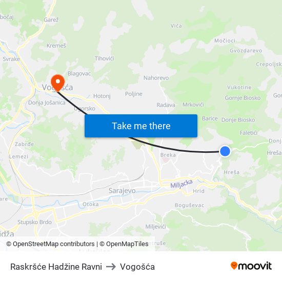 Raskršće Hadžine Ravni to Vogošća map