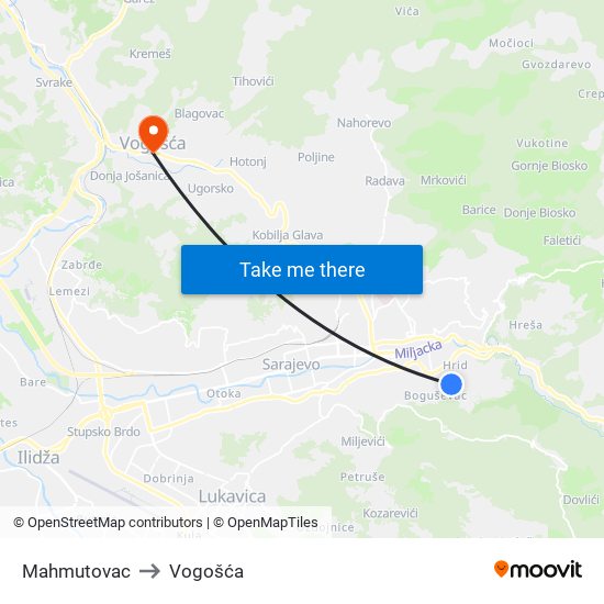 Mahmutovac to Vogošća map