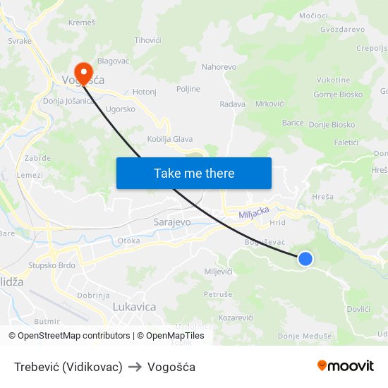 Trebević (Vidikovac) to Vogošća map