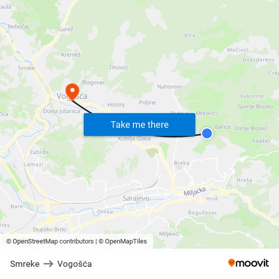 Smreke to Vogošća map