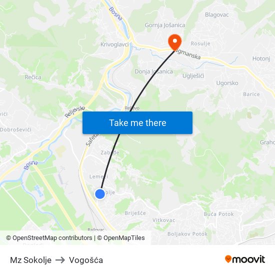 Mz Sokolje to Vogošća map