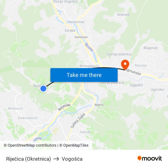 Riječica (Okretnica) to Vogošća map