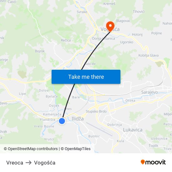 Vreoca to Vogošća map