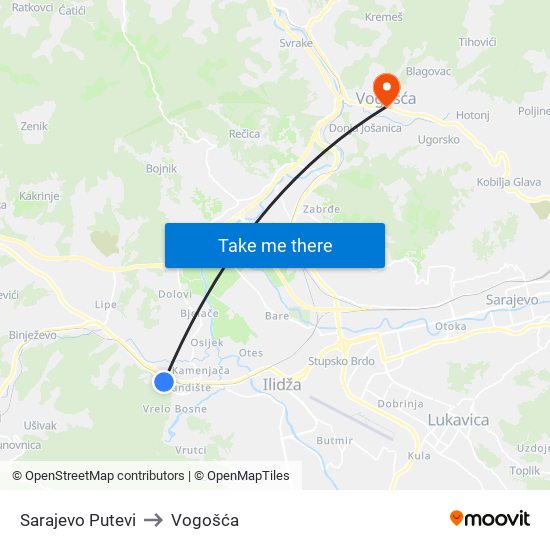 Sarajevo Putevi to Vogošća map