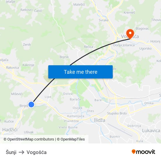 Šunji to Vogošća map