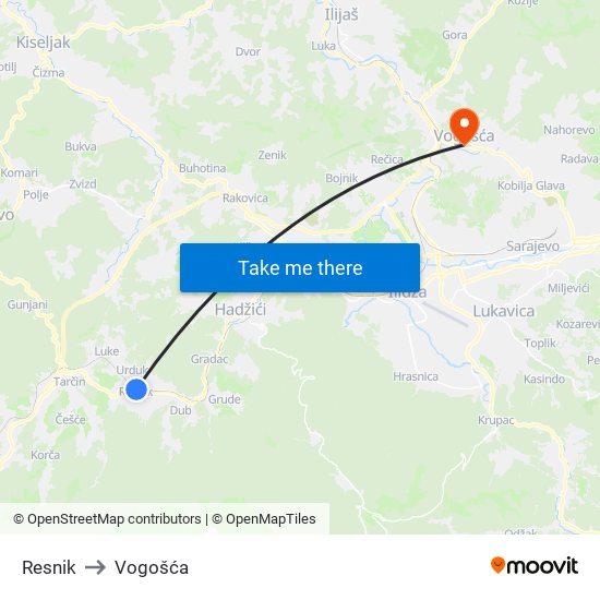 Resnik to Vogošća map