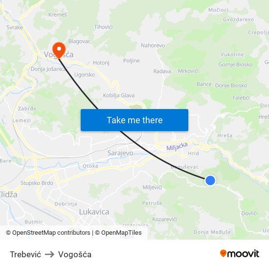 Trebević to Vogošća map