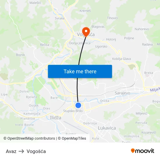 Avaz to Vogošća map