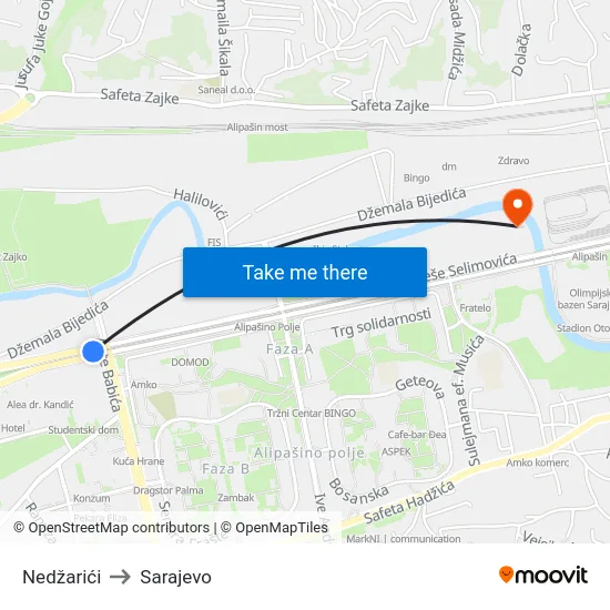 Nedžarići to Sarajevo map