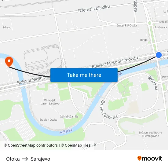 Otoka to Sarajevo map