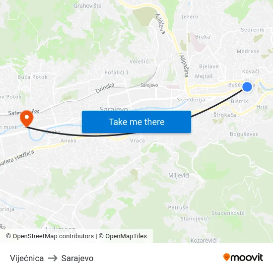Vijećnica to Sarajevo map