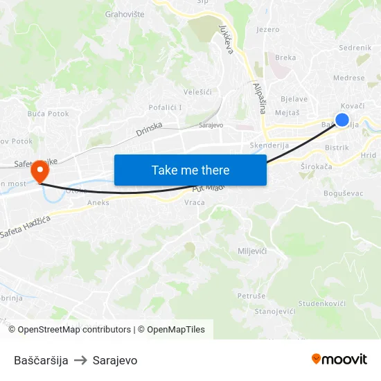 Baščaršija to Sarajevo map