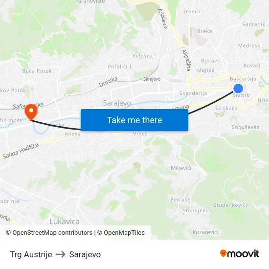 Trg Austrije to Sarajevo map