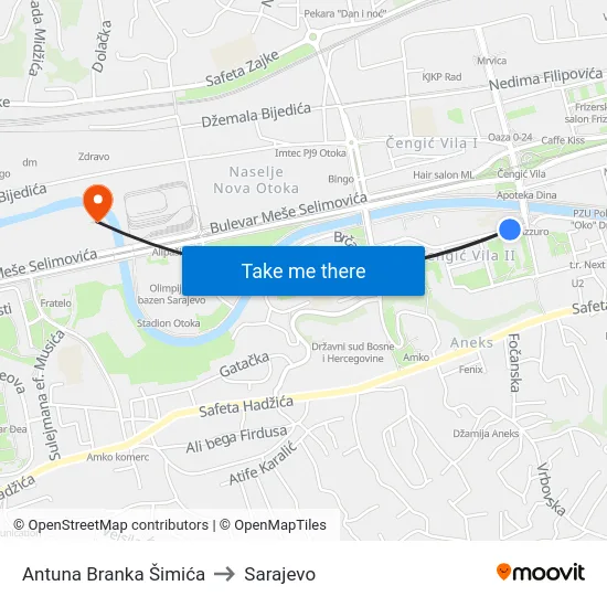 Antuna Branka Šimića to Sarajevo map