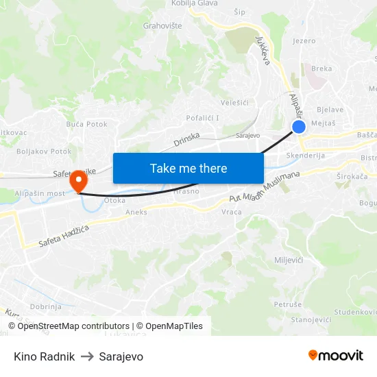 Kino Radnik to Sarajevo map