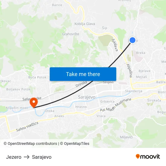 Jezero to Sarajevo map