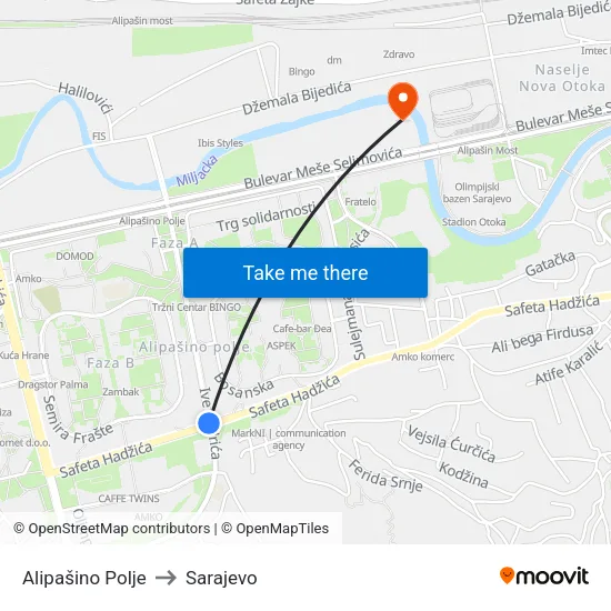 Alipašino Polje to Sarajevo map