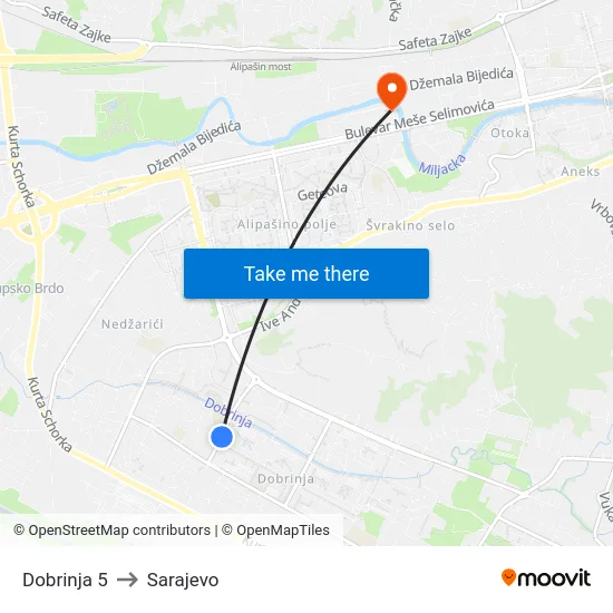 Dobrinja 5 to Sarajevo map