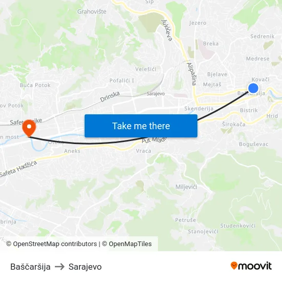 Baščaršija to Sarajevo map