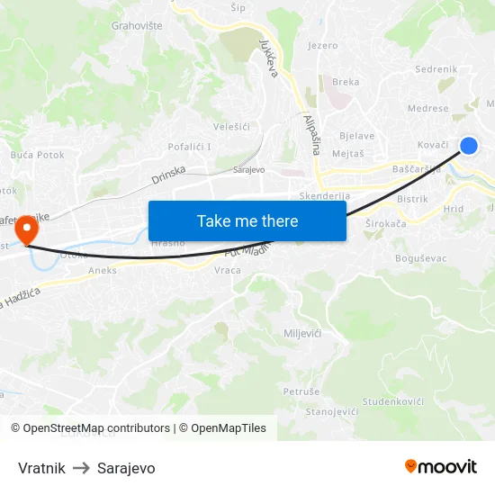 Vratnik to Sarajevo map