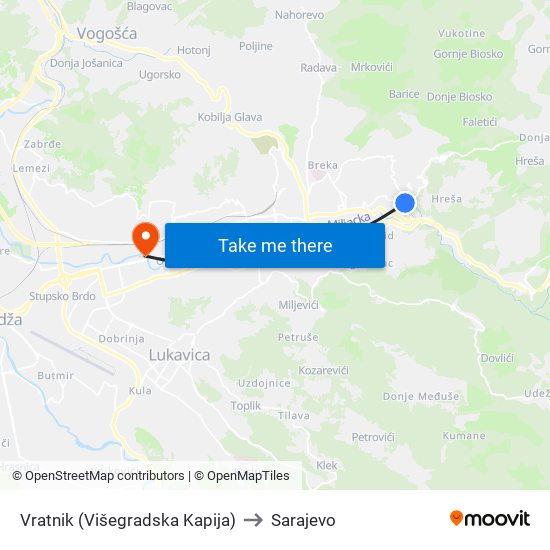 Vratnik (Višegradska Kapija) to Sarajevo map