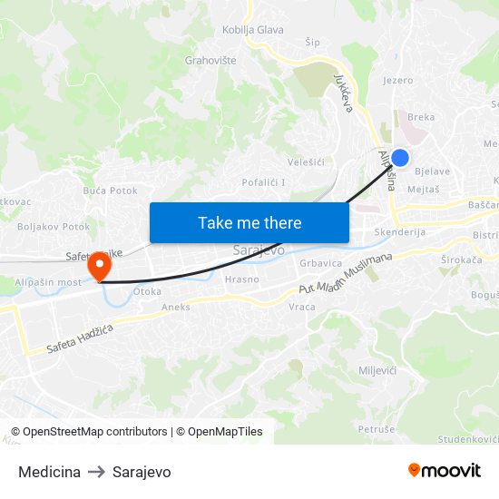 Medicina to Sarajevo map