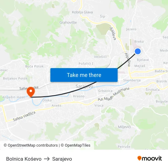 Bolnica Koševo to Sarajevo map