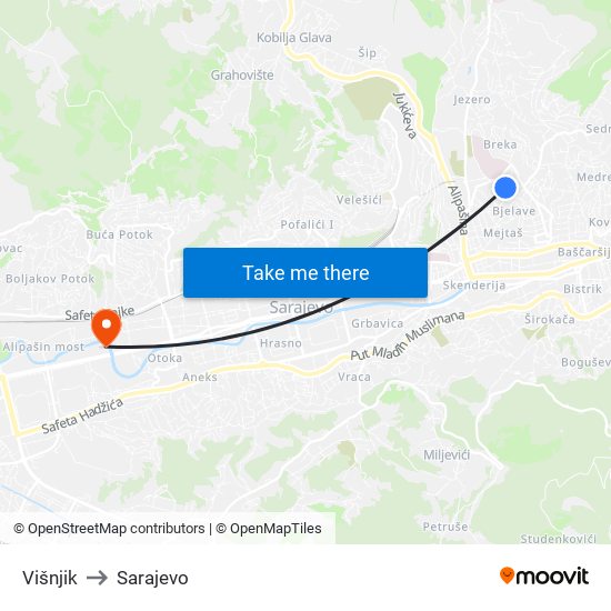 Višnjik to Sarajevo map