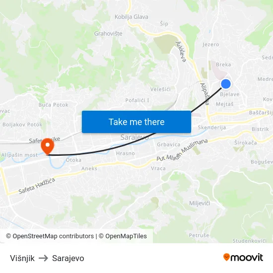 Višnjik to Sarajevo map