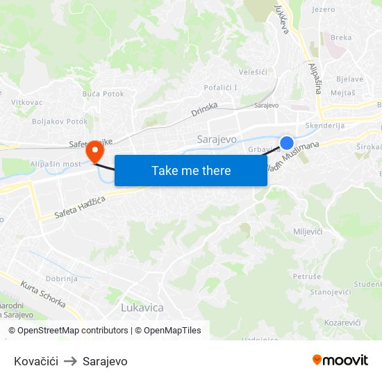 Kovačići to Sarajevo map