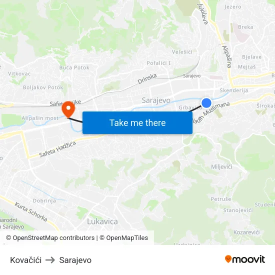 Kovačići to Sarajevo map