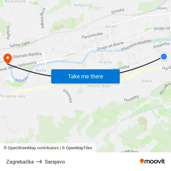 Zagrebačka to Sarajevo map