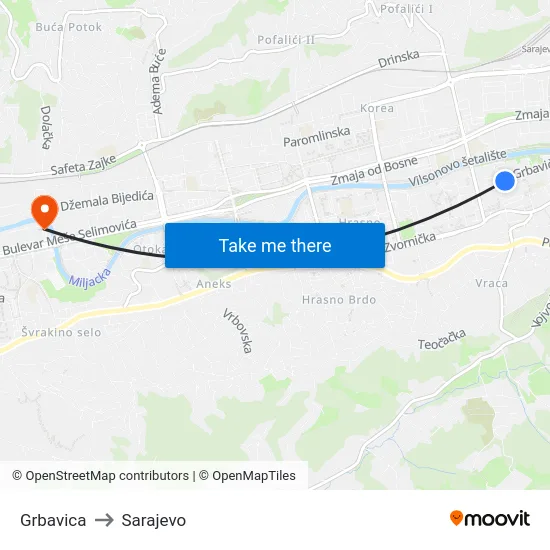 Grbavica to Sarajevo map