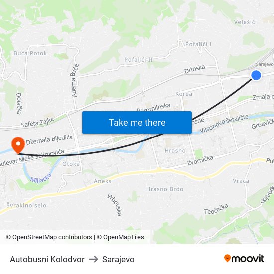 Autobusni Kolodvor to Sarajevo map