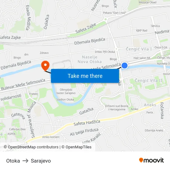 Otoka to Sarajevo map