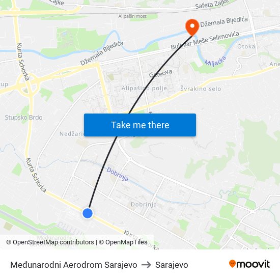 Međunarodni Aerodrom Sarajevo to Sarajevo map