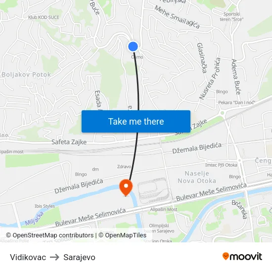 Vidikovac to Sarajevo map