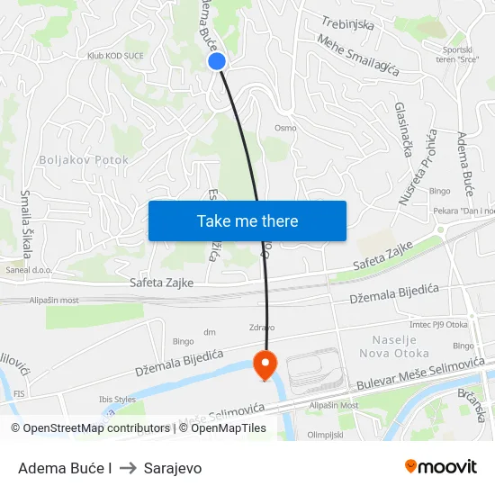 Adema Buće I to Sarajevo map