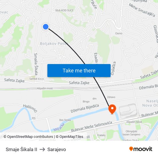 Smaje Šikala II to Sarajevo map