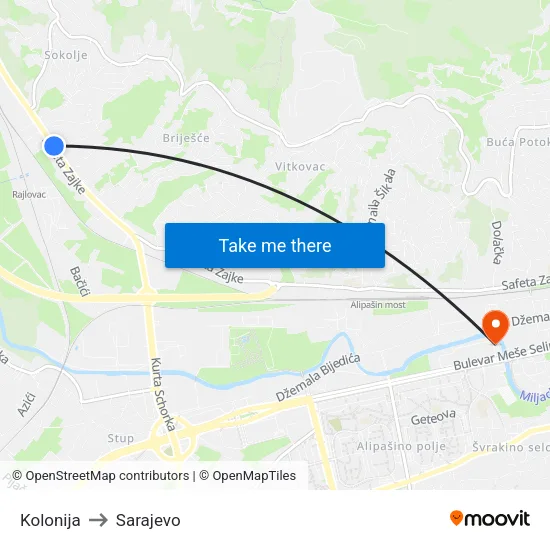 Kolonija to Sarajevo map